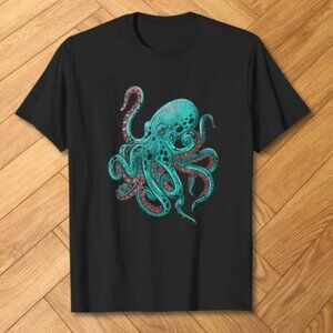 Abstract Teal Octopus Nautical Graphic Tee Black
